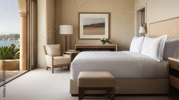Fototapeta Minimalist hotel suite with warm neutral tones, elegant furnishings, and a panoramic ocean view