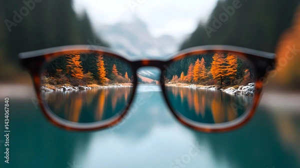 Obraz Autumnal Lake Reflection Viewed Through Brown Tortoise Shell Eyeglasses