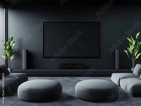 Fototapeta Highend minimalist home theater with plush seating, dark neutral tones, and an ultramodern entertainment system