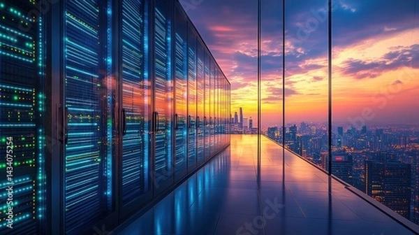 Obraz Modern server room with city skyline view