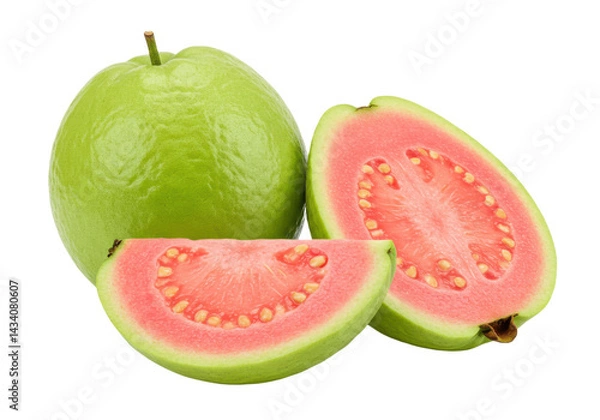 Fototapeta Guava fruit with slices showing pink flesh and small seeds isolated on transparent background