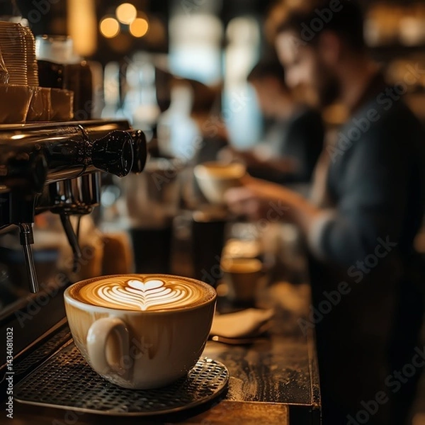 Fototapeta A barista prepares a latte with intricate foam art in a cozy café.