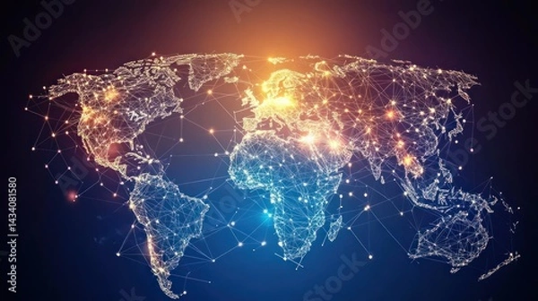 Fototapeta Global network connection, world map with glowing nodes.