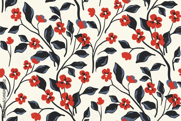 Fototapeta Seamless floral pattern, abstract ditsy print in vintage motif. Elegant botanical design of hand drawn plants, simple small red flowers, thin branches, tiny ink leaves. Vector illustration.