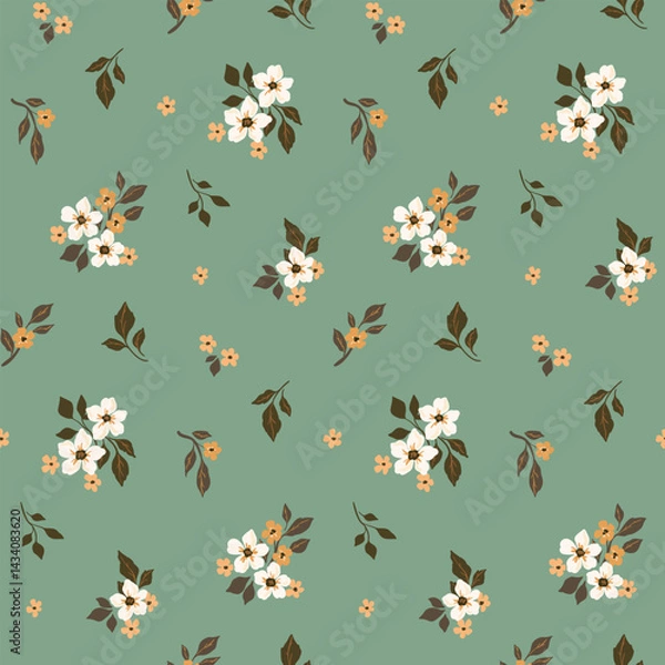 Fototapeta Seamless floral pattern, vintage ditsy print. Elegant botanical design of simple hand drawn plants in an old fashioned motif. Small flowers, tiny leaves, bouquets on a green field. Vector illustration