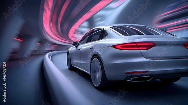 Obraz Sleek Silver Car Speeding Through Neon Lit Tunnel