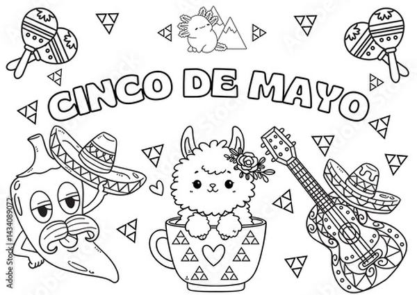 Fototapeta cinco de mayo coloring book page with jalapeno character wearing sombrero, alpaca in coffee cup, happy cactus and words border; outline over white (transparent background) perfect as a home a4 print