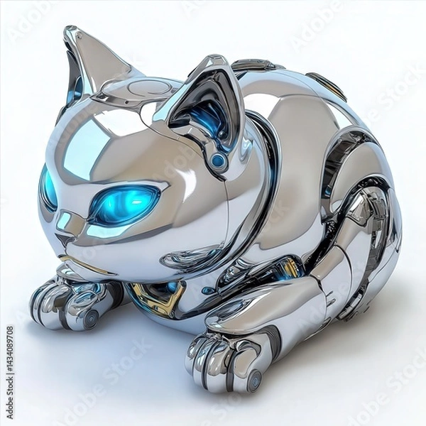 Obraz A cyberpunk anime-style robotic cat with sleek metallic silver fur, glowing neon blue eyes, and mechanical limbs, isolated on white background, futuristic design"
