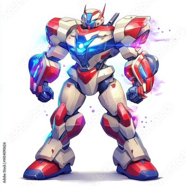 Fototapeta A powerful anime mecha robot with a sleek red and blue design, standing heroically with glowing energy lines, isolated on white background, detailed mechanical design"