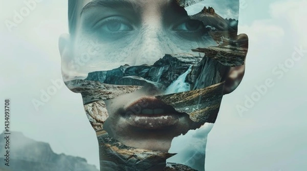 Obraz  Creative double exposure portrait background with mountain landscape and waterfall blending with human face