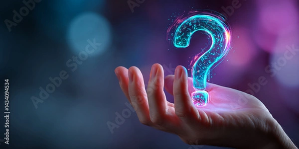 Fototapeta Glowing question mark hovers above an open palm, set against a blurred background, symbolizing inquiry, curiosity, and the search for answers