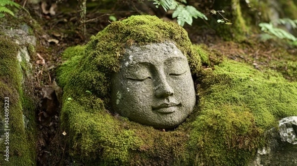 Obraz Moss-Covered Ancient Statue in Serene Forest Setting