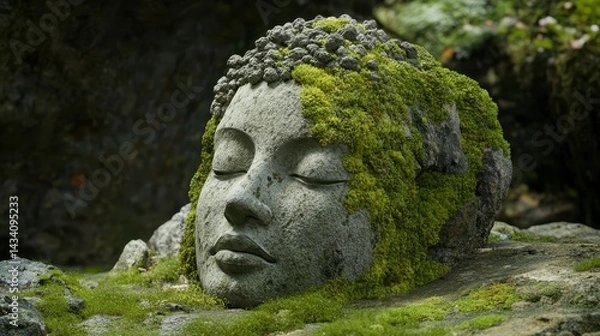 Obraz Moss-Covered Ancient Statue in Serene Forest Setting