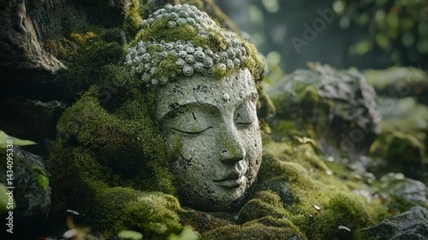 Obraz Moss-Covered Ancient Statue in Serene Forest Setting