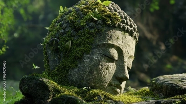 Obraz Moss-Covered Ancient Statue in Serene Forest Setting