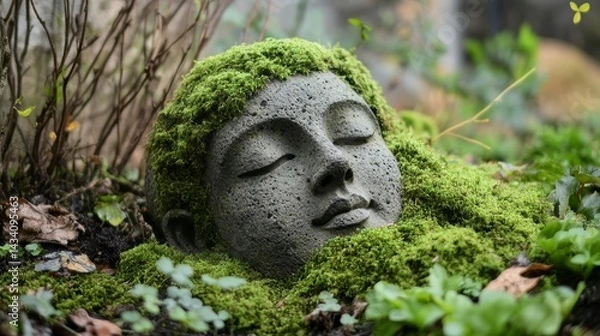 Obraz Moss-Covered Ancient Statue in Serene Forest Setting
