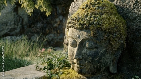 Obraz Moss-Covered Ancient Statue in Serene Forest Setting