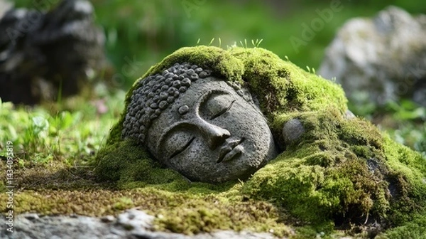Obraz Moss-Covered Ancient Statue in Serene Forest Setting