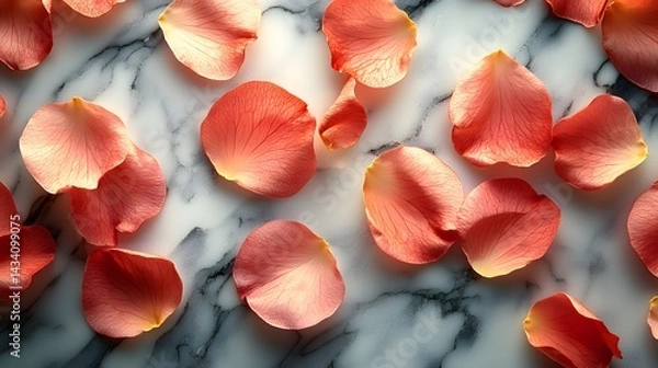 Fototapeta Serene imagery of blush petals cascading on pristine marble, illuminated by ambient light that highlights subtle textures and evokes delicate emotions of nostalgia