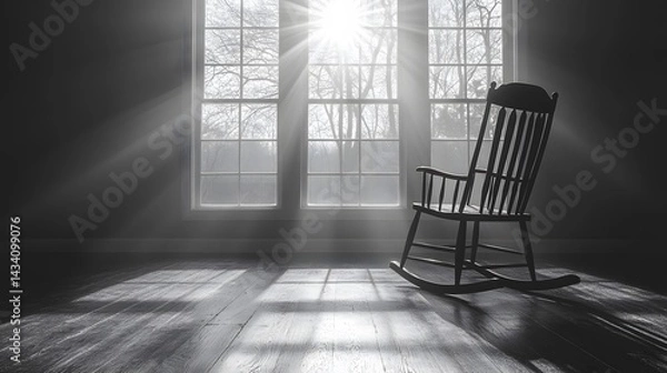 Obraz Isolated Rocking Chair in a Windowed Setting with Dramatic Sunlight Reflecting Sombre Memories and Emotional Depth