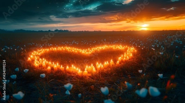Obraz Enchanted Field Under Starry Sky Featuring a Heart-Shaped Candle Assembly That Evokes Bittersweet Grief and Gentle Sorrow
