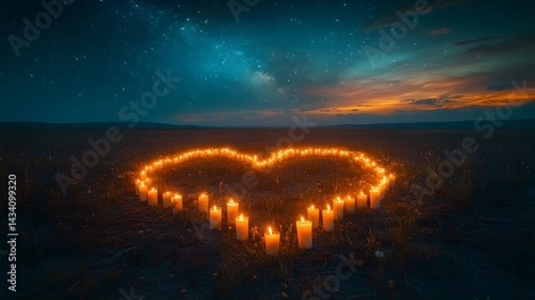 Obraz Enchanted Field Under Starry Sky Featuring a Heart-Shaped Candle Assembly That Evokes Bittersweet Grief and Gentle Sorrow