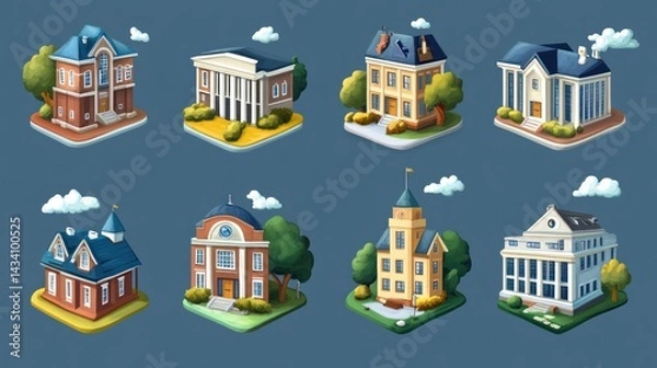 Fototapeta Nine colorful isometric representations of various public buildings.