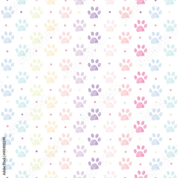 Fototapeta Pastel colored pattern with doodle paw prints. Seamless fabric design pattern