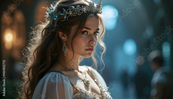 Obraz Portrait of beautiful queen with crown and jewelry fantasy art ai generated image for royalty concept
