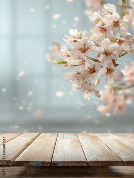 Obraz Serene spring scene featuring delicate cherry blossoms cascading over a rustic wooden table creating a peaceful and inviting atmosphere perfect for product showcase