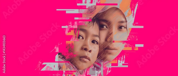 Fototapeta abstract asian islam mother with baby collage isolated over cheerful pink background; copy space