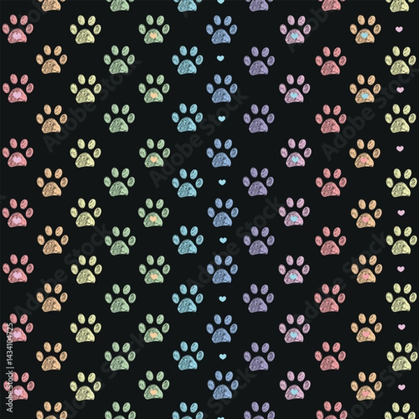 Fototapeta Colorful pink, green and blue colored doodle paw prints and hearts. Seamless fabric design pattern