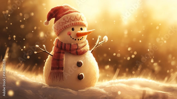 Fototapeta Snowman with hat and scarf stands in a glowing winter landscape, surrounded by falling snow.