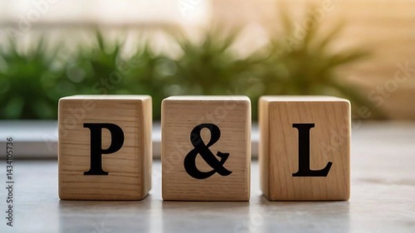 Fototapeta Profit and Loss Concept with Wooden Blocks Displaying P&L, business finance, accounting, bookkeeping, profit margin, revenue management, financial statement, loss calculation, business growth.