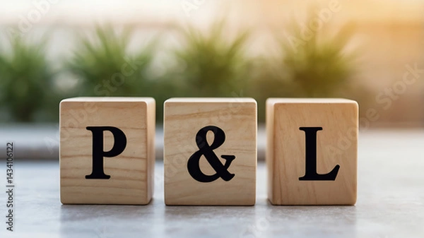 Fototapeta Profit and Loss Concept with Wooden Blocks Displaying P&L, business finance, accounting, bookkeeping, profit margin, revenue management, financial statement, loss calculation, business growth.