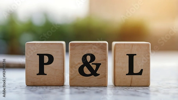 Fototapeta Profit and Loss Concept with Wooden Blocks Displaying P&L, business finance, accounting, bookkeeping, profit margin, revenue management, financial statement, loss calculation, business growth.