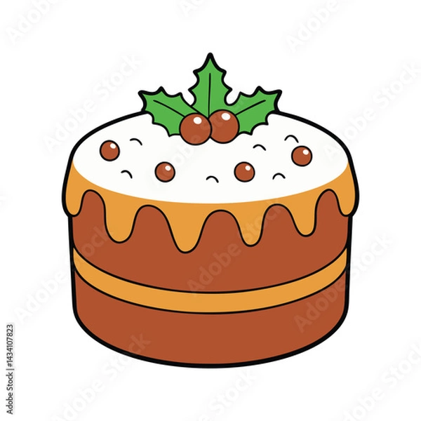 Obraz Christmas dessert cake with red berries and green leaves Vector illustration isolated on white background