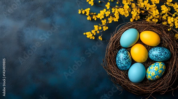 Obraz A colorful array of Easter eggs nestled in a spring nest, a traditional and vibrant celebration