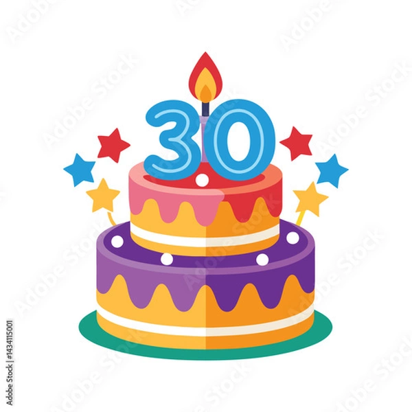 Fototapeta Colorful birthday cake with number 30 candles vector illustration isolated on white background