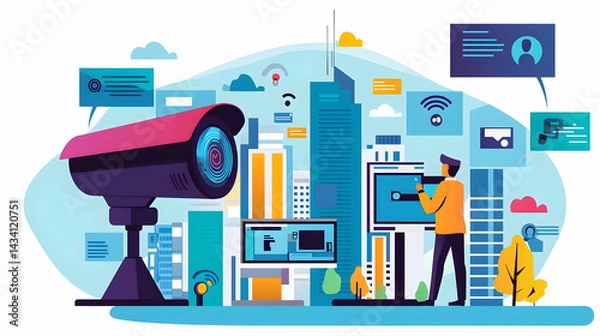 Obraz City Surveillance System Illustration with Modern Technology
