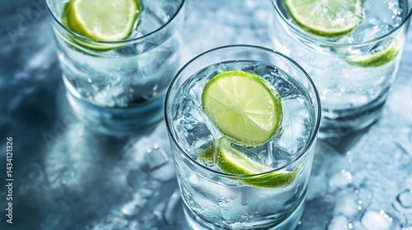 Fototapeta Three glasses of water with a lime slice in the middle. The glasses are on a table. Scene is refreshing and healthy
