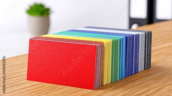 Fototapeta A stack of colorful blank business cards on a wooden desk
