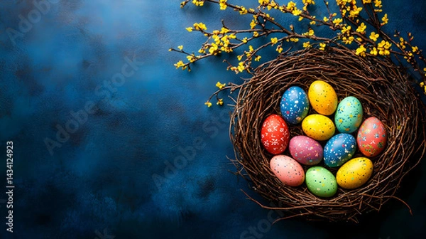 Fototapeta Above view of colorful Easter eggs in twig nest; small tree branches with small yellow blooms; flat lay on dark wooden table banner;