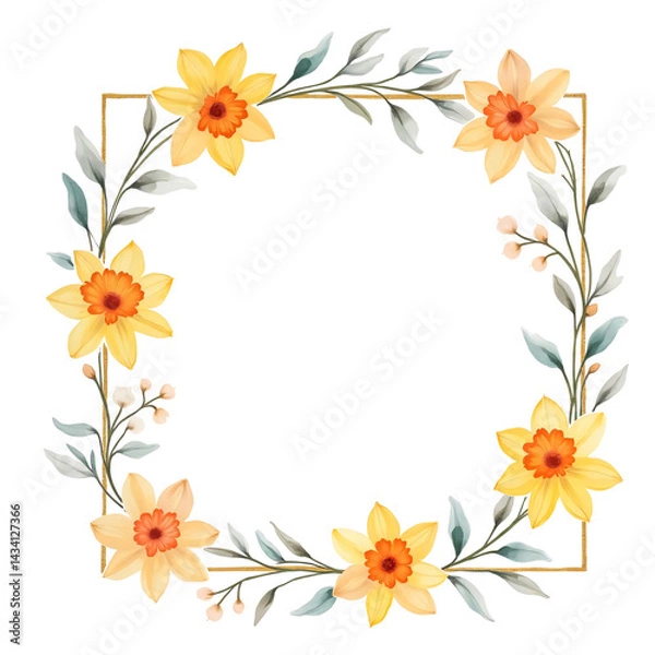 Fototapeta Flower frame. Watercolor yellow daffodils around the frame isolated on white background