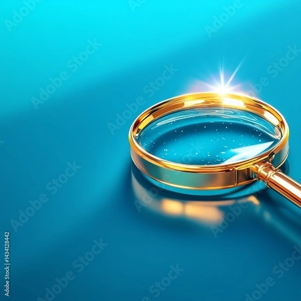 Fototapeta Magnifying glass reflecting light on a blue background.