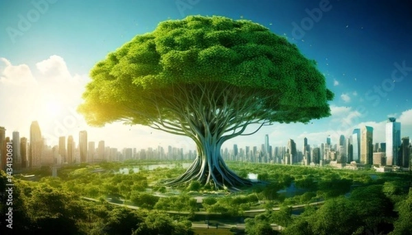 Obraz 未来都市にそびえる巨木、自然と都市の融合、緑に包まれた近未来の街、巨大な樹と高層ビル群、明るい空と生い茂る森、自然回帰を象徴する風景、都会の中の楽園、希望を象徴する樹木、空に向かう生命のシンボル
