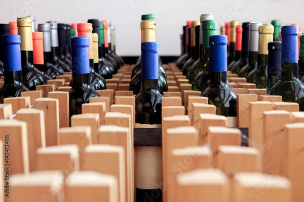 Obraz Rack of bottles of wine with blank label