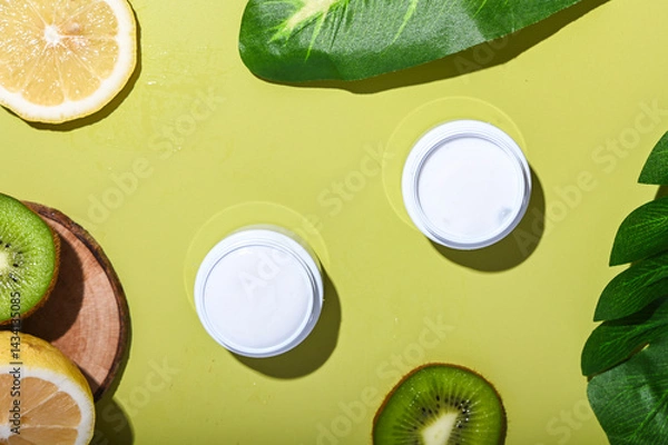 Fototapeta Natural skincare cream jars placed with fresh lemon and kiwi slices, large tropical leaves, and wooden props on a pastel lime background. Bright, healthy, organic beauty product concept