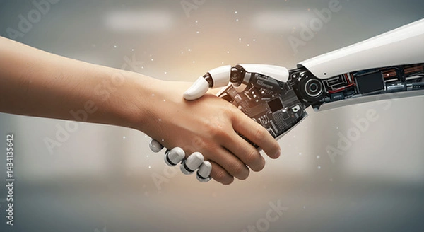 Fototapeta Human shaking hand with robot. Man shaking hand with artificial intelligence, a concept of collaboration and human connection with futuristic technology for business and innovation.