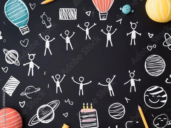 Fototapeta A playful chalkboard drawing featuring balloons, space themes, and cheerful stick figures, creating a whimsical and vibrant atmosphere.